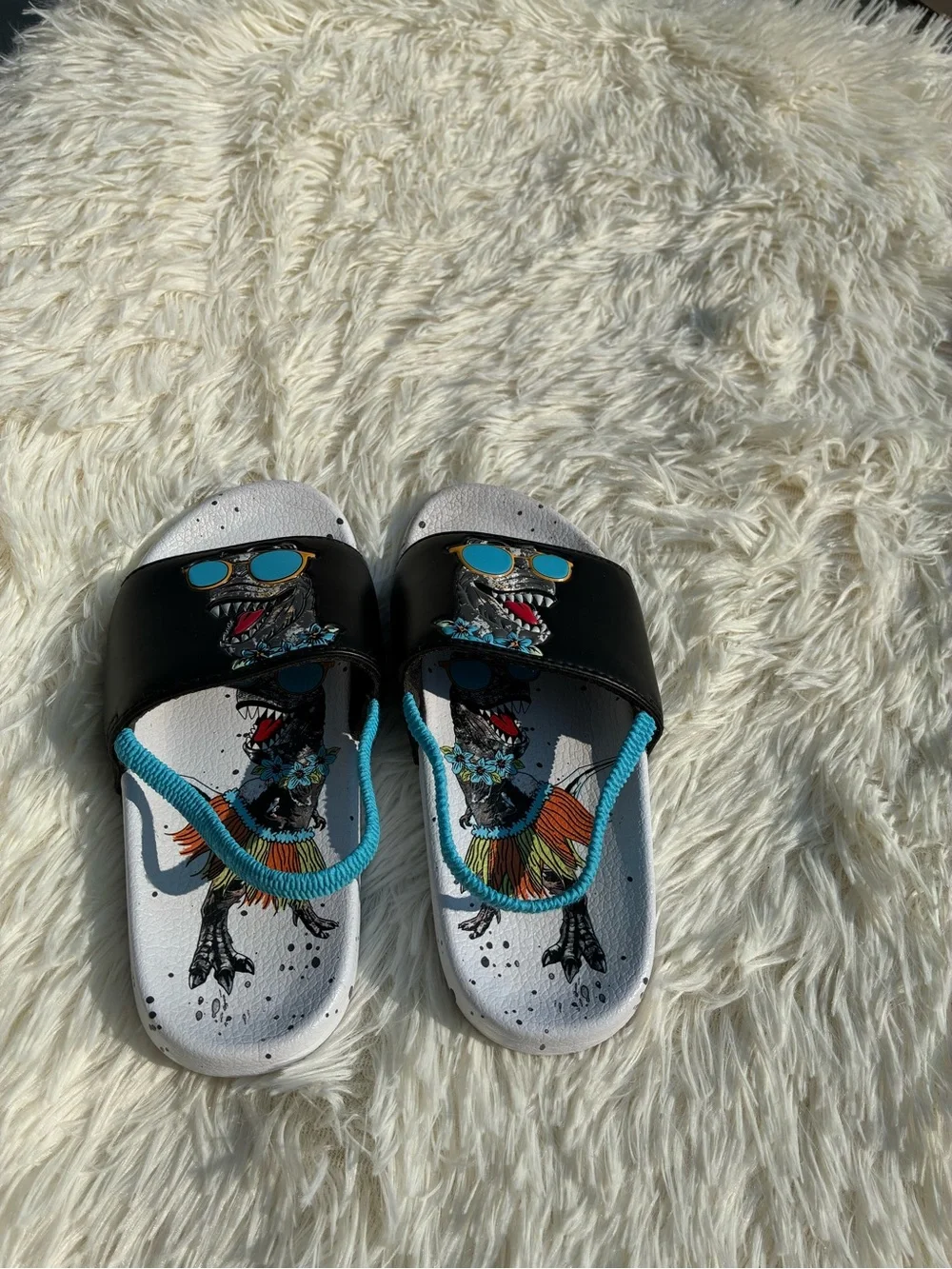 wonder nation Black Slide Sandals with White Footbed and Teal Accents